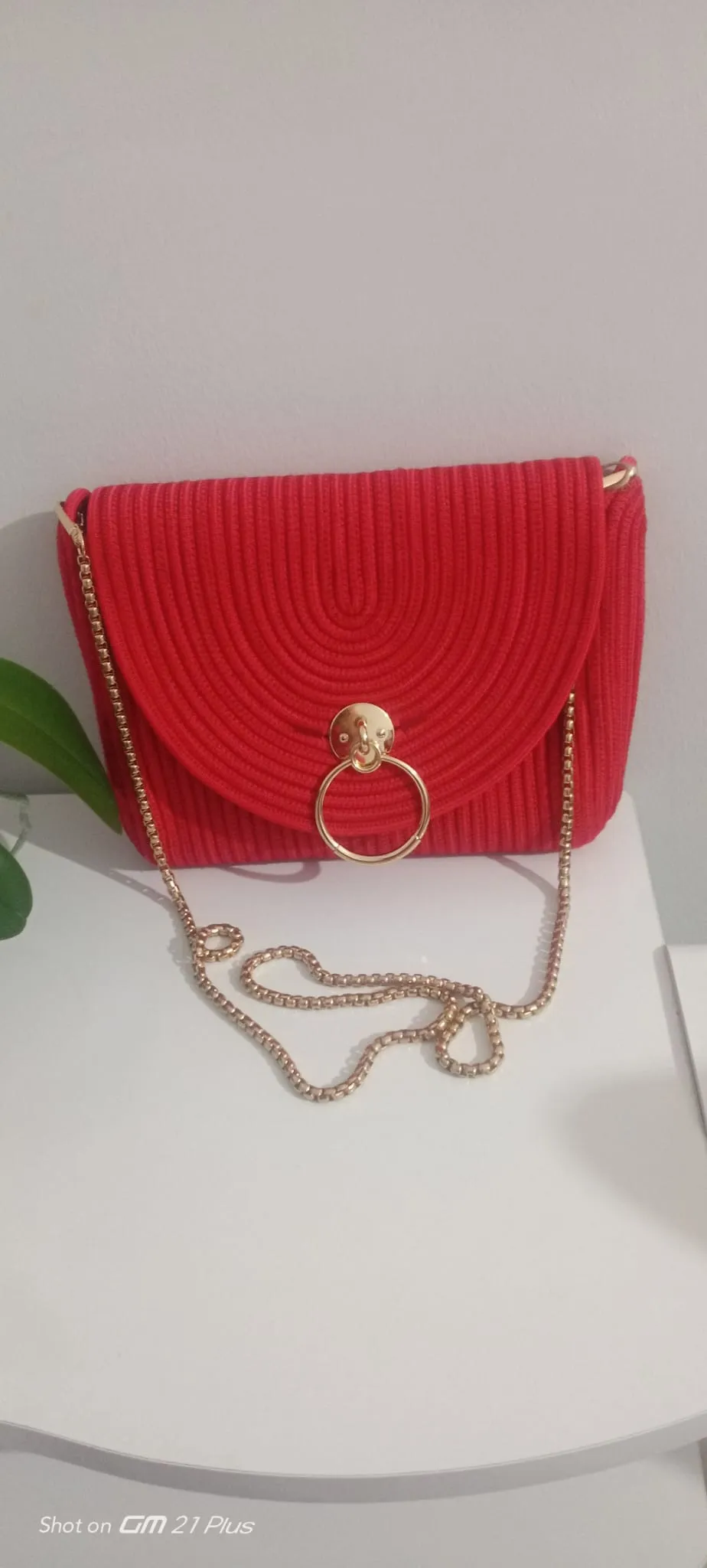 Red Color Knitted Chain Strap Women's Evening Bag