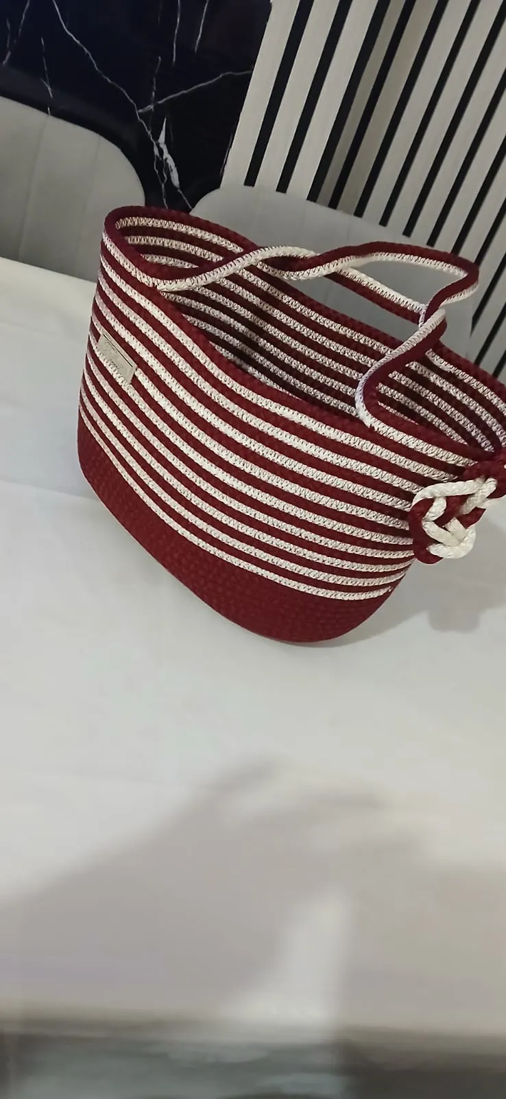 Burgundy Cream Striped Large Handbag