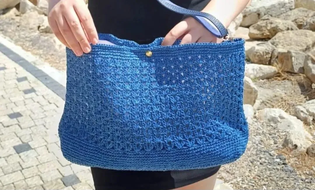 Large Blue Hand Knitted Shoulder Bag