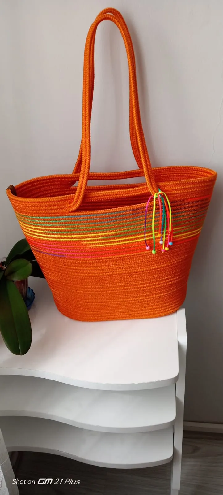 Handmade Knitted Beach Bag – Colorful Striped, Large Volume, Handle Model