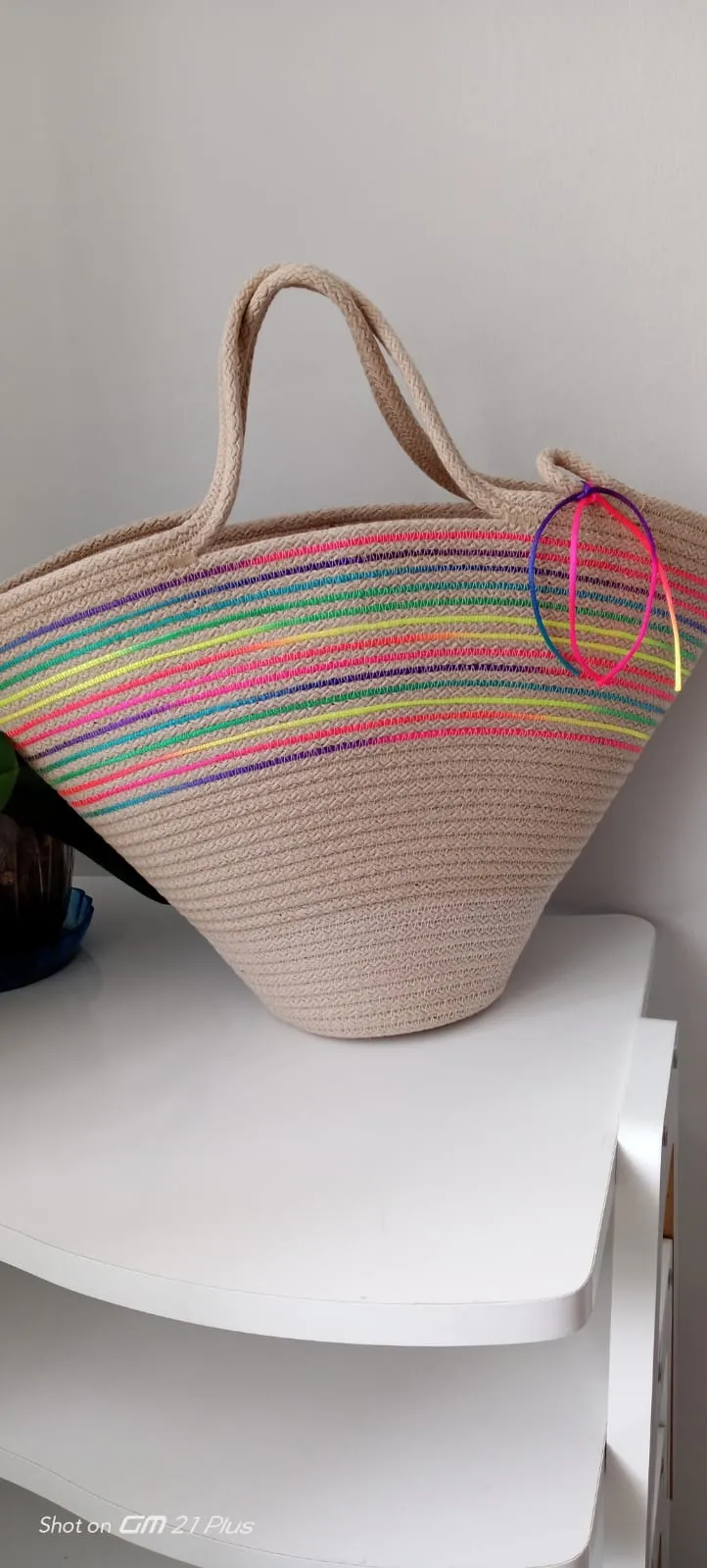 Handmade Knitted Beach Bag – Large Volume Summer Bag with Neon Stripe Detail