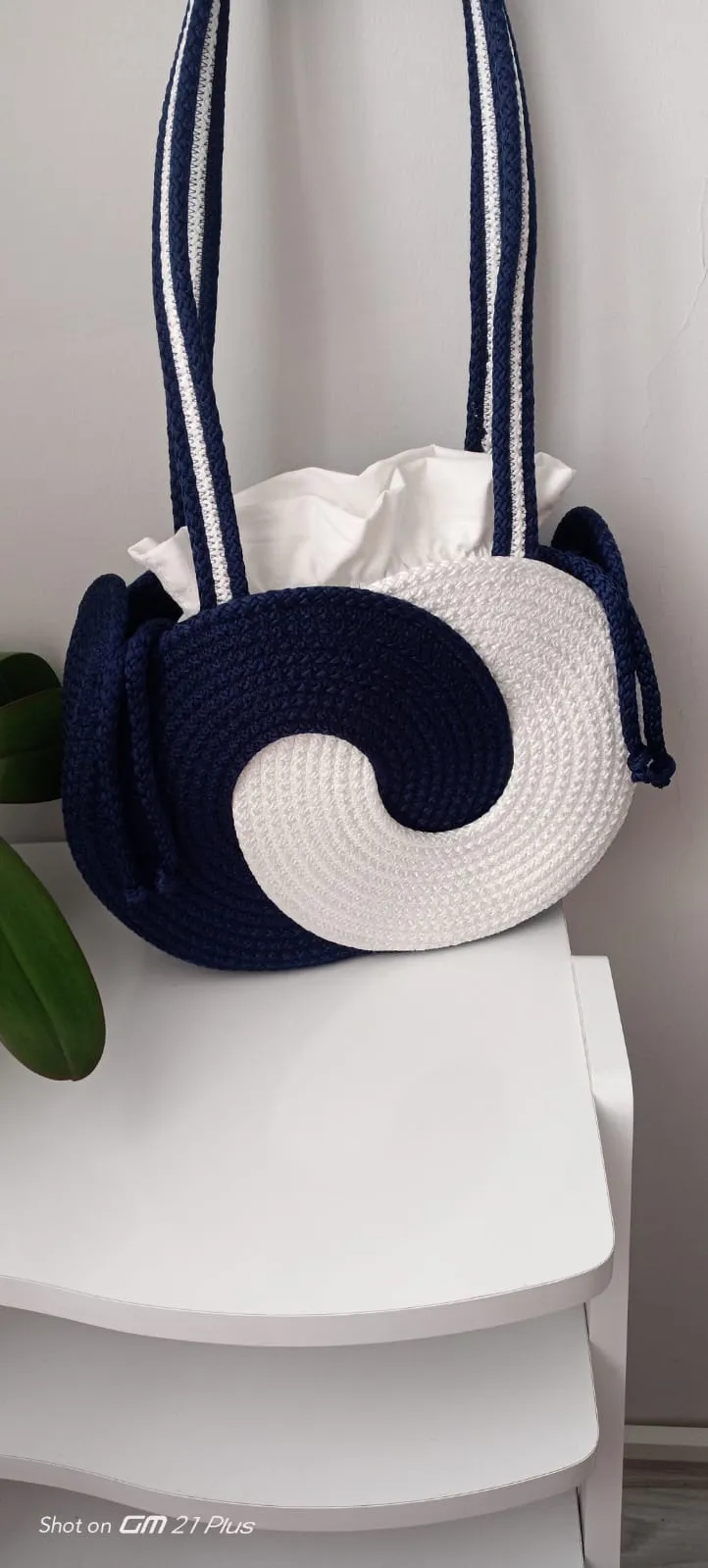 Navy Blue-White Spiral Patterned Handmade Knitted Shoulder Bag