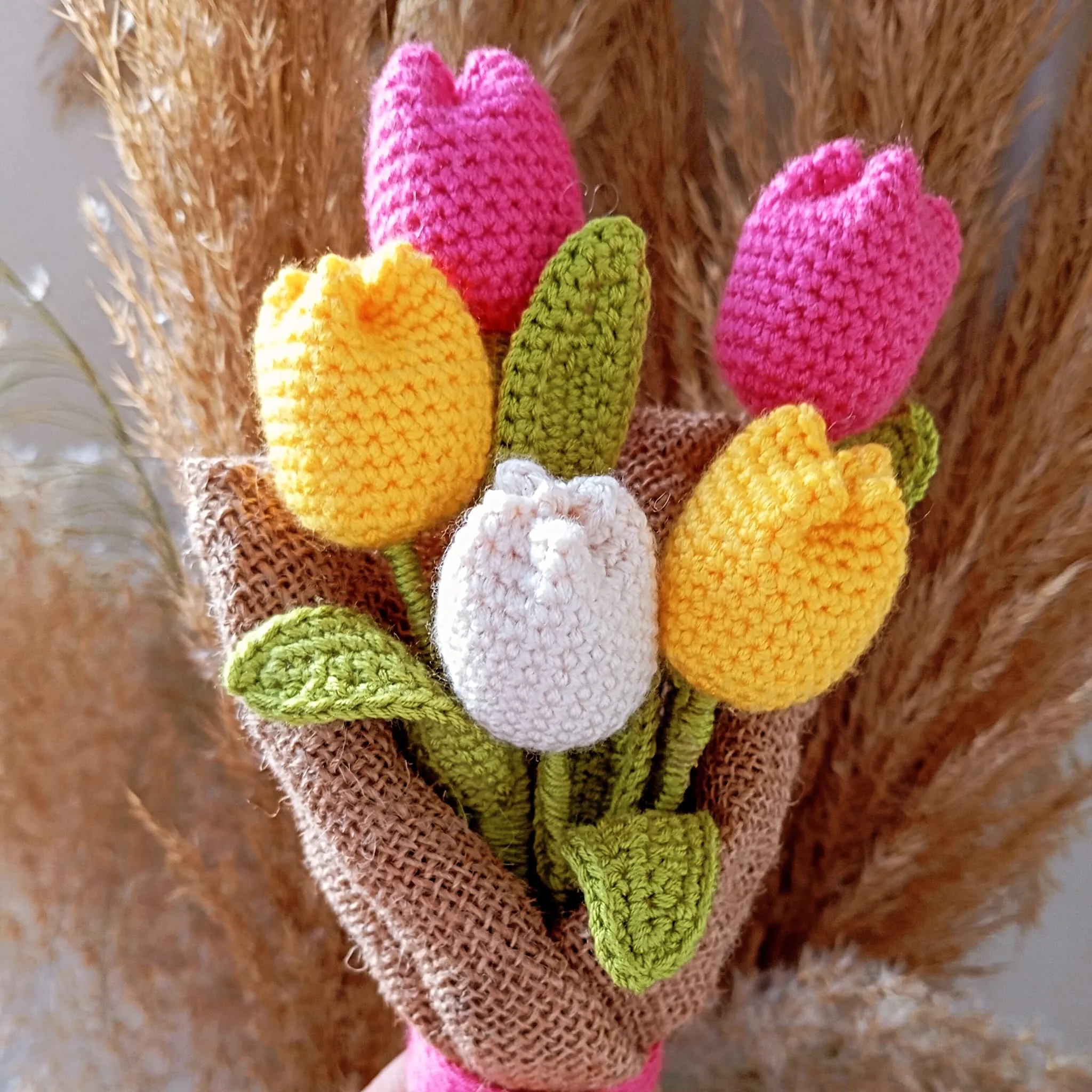Knitted Flower Bouquet of Colorful Tulips