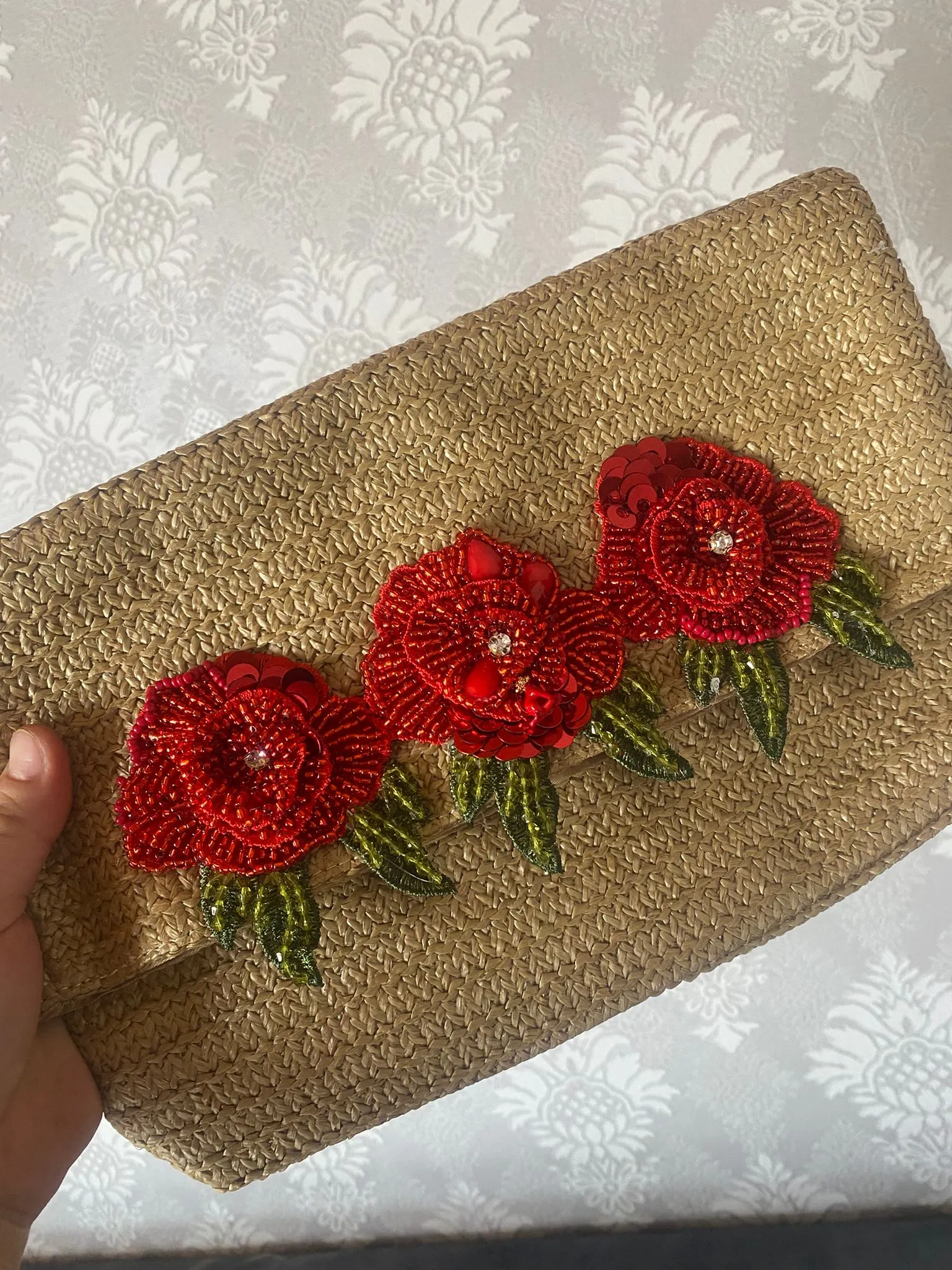 Handmade Straw Summer Clutch Bag – Red Flower Embroidered