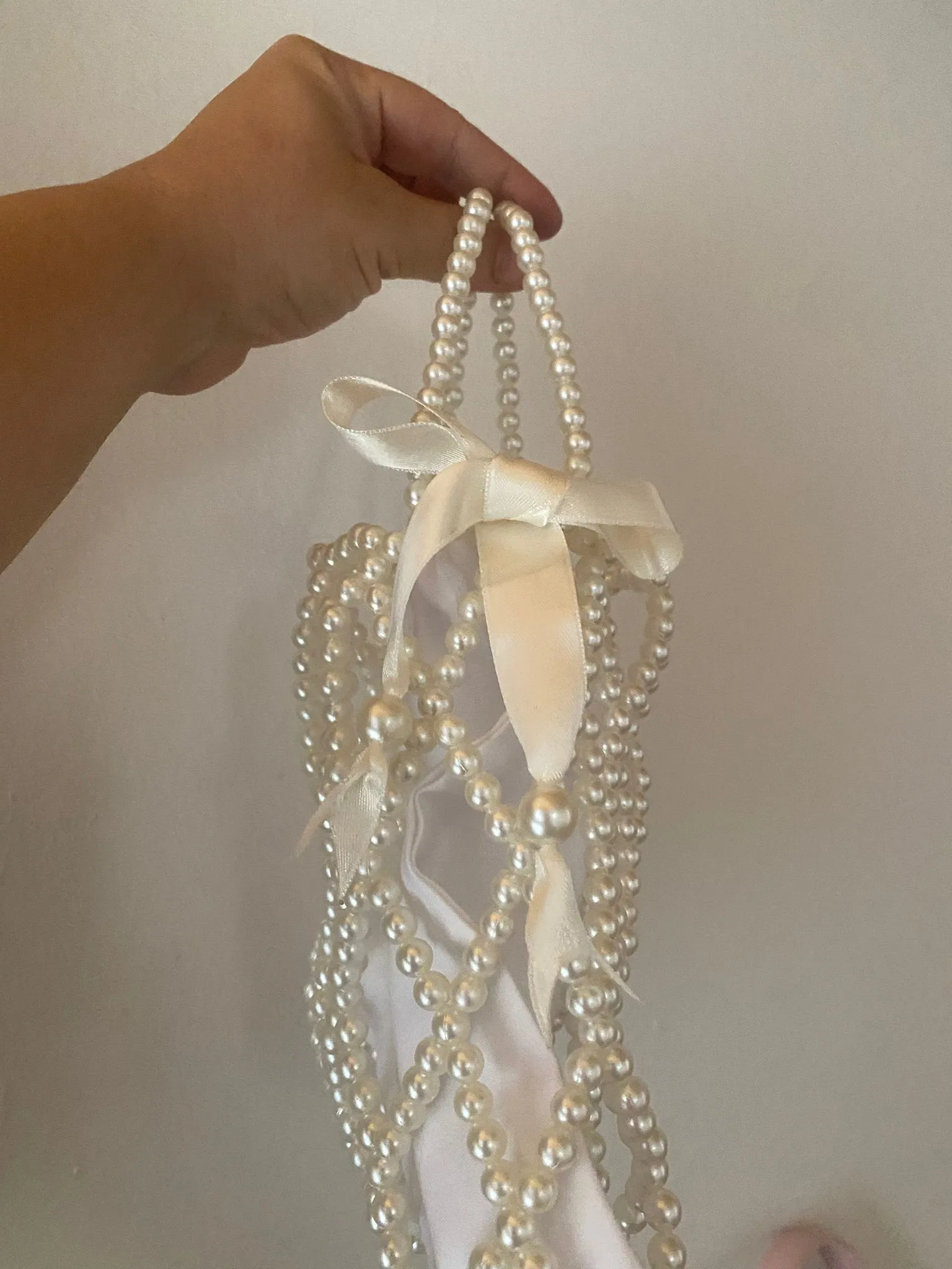 Pearl Detailed Ribbon Decorated Knitted Bag