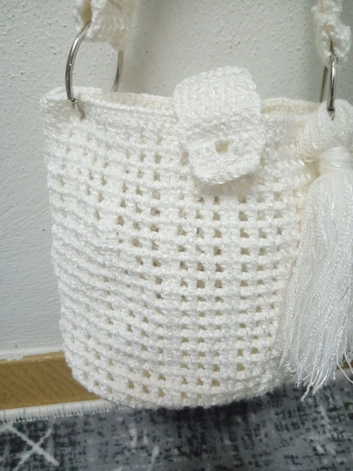 Hand Knitted White Round Bag – Summery, Handmade, Tasseled