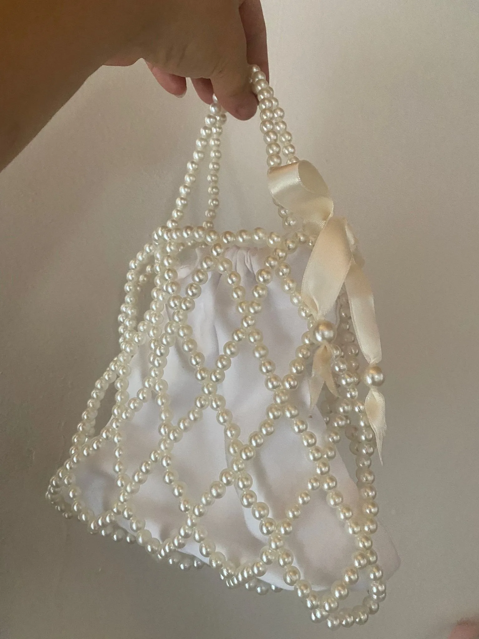 Pearl Detailed Ribbon Decorated Knitted Bag