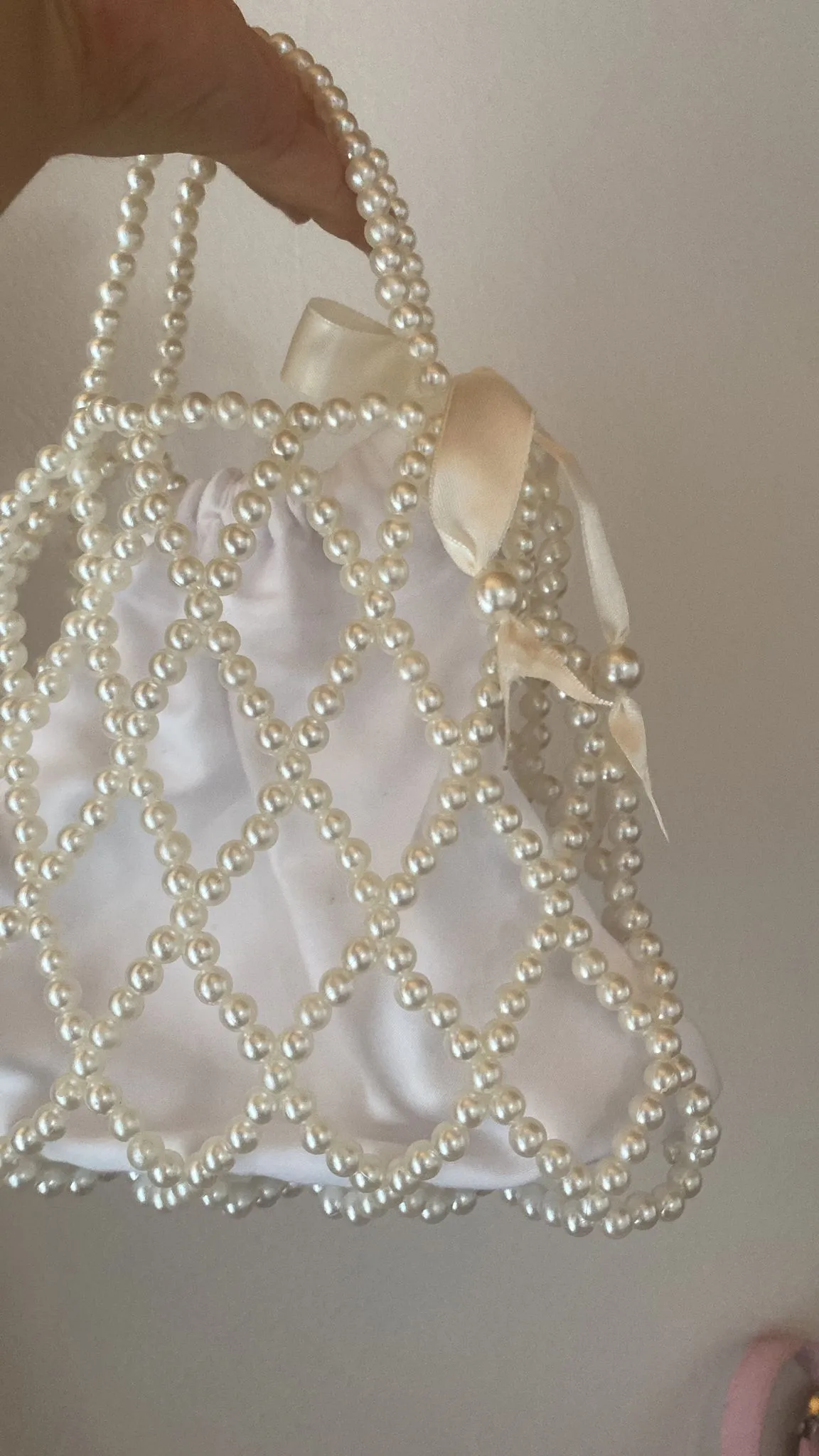 Pearl Detailed Ribbon Decorated Knitted Bag