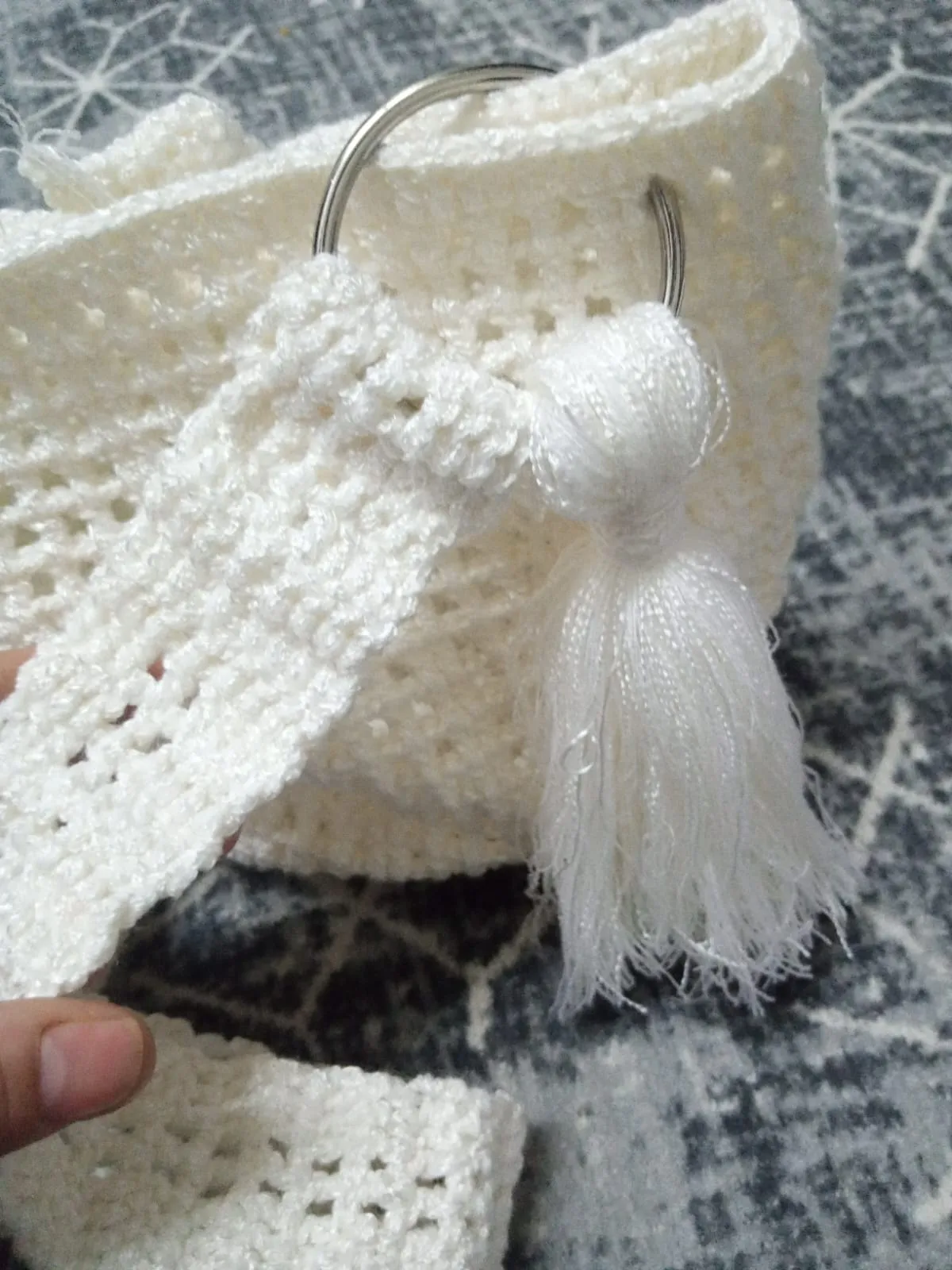 Hand Knitted White Round Bag – Summery, Handmade, Tasseled