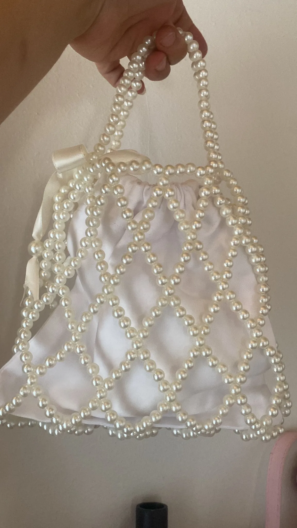 Pearl Detailed Ribbon Decorated Knitted Bag