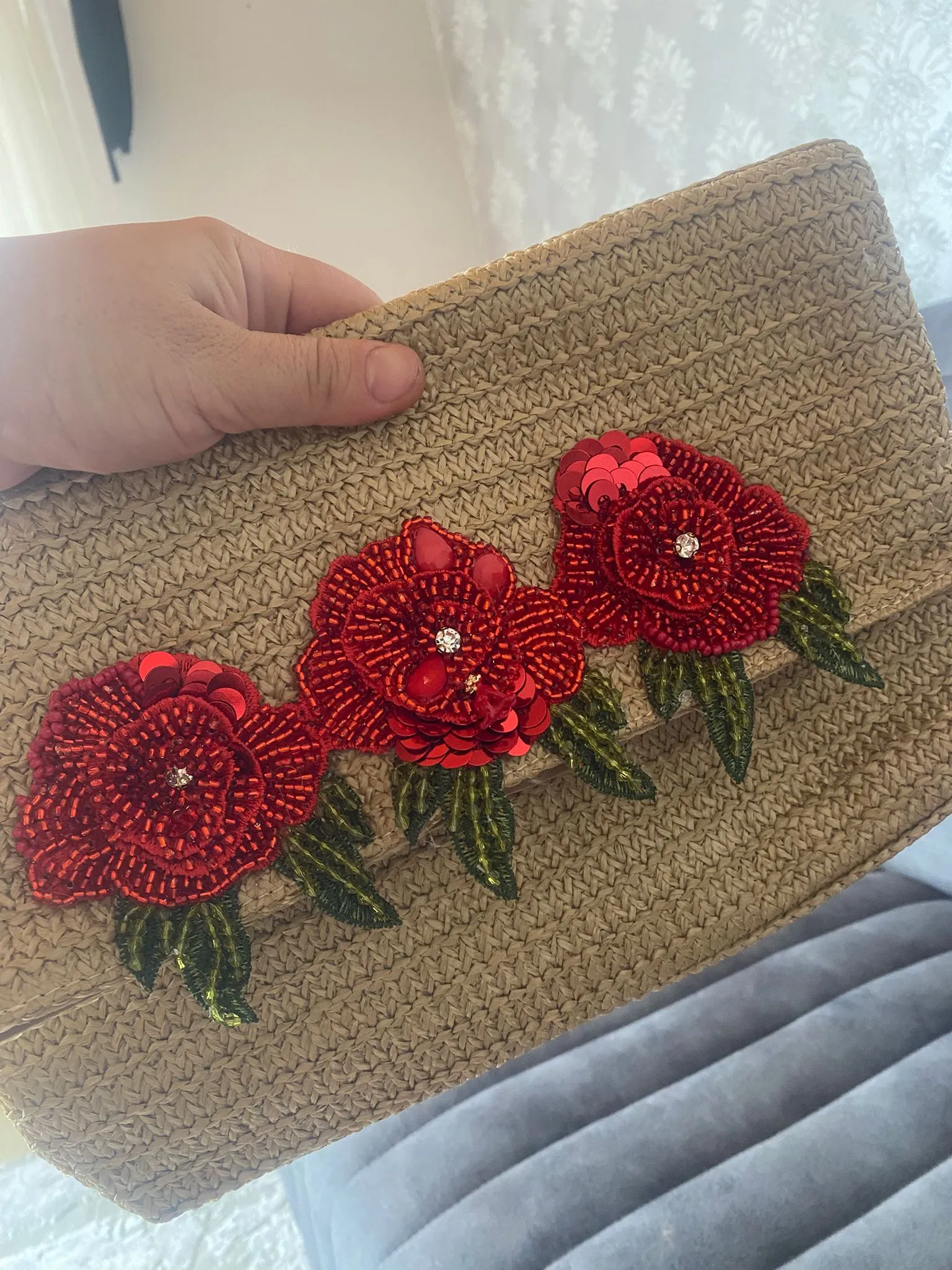 Handmade Straw Summer Clutch Bag – Red Flower Embroidered