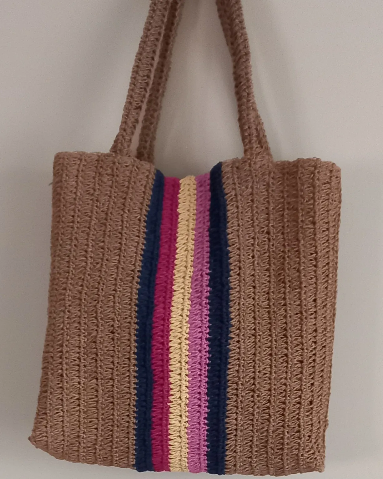 Straw Bag with Color Striped Lining and Pockets