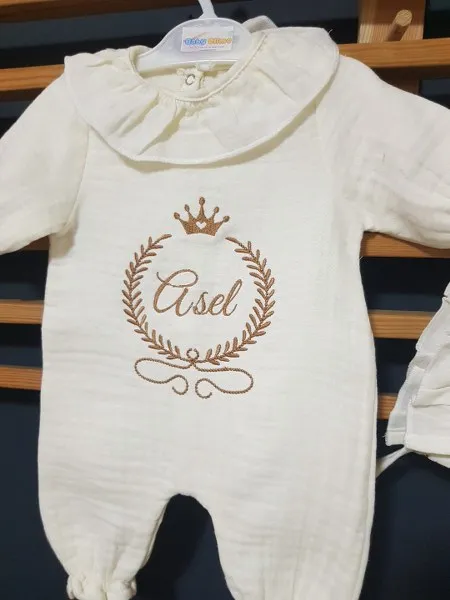 Baby Clime Müslin Hastane Çıkış Seti  - Nakışlı İsimli Bebek Tulumu (B9)