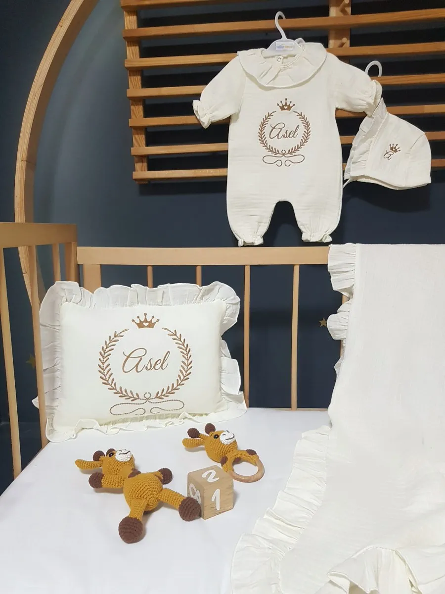 Baby Clime Müslin Hastane Çıkış Seti  - Nakışlı İsimli Bebek Tulumu (B9)