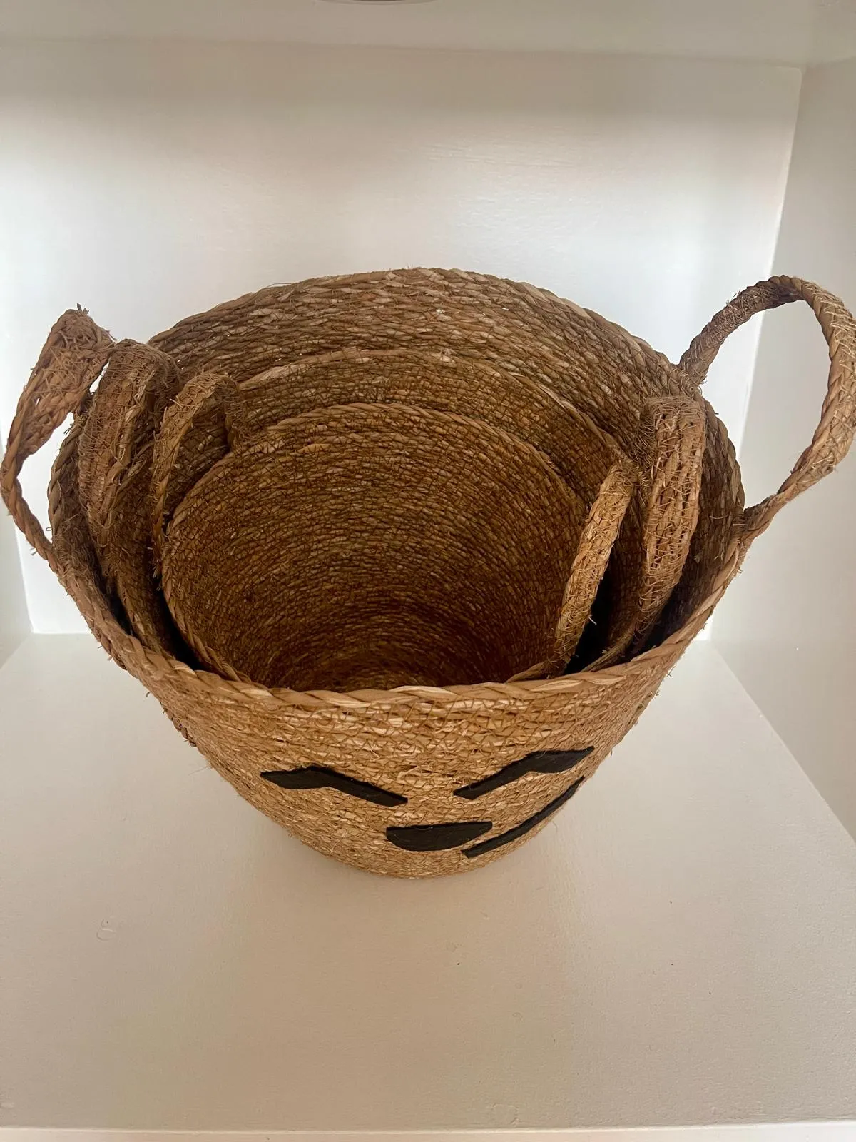Yüz Tasarımlı Hasır Sepet 3"lü Oval Kulplu