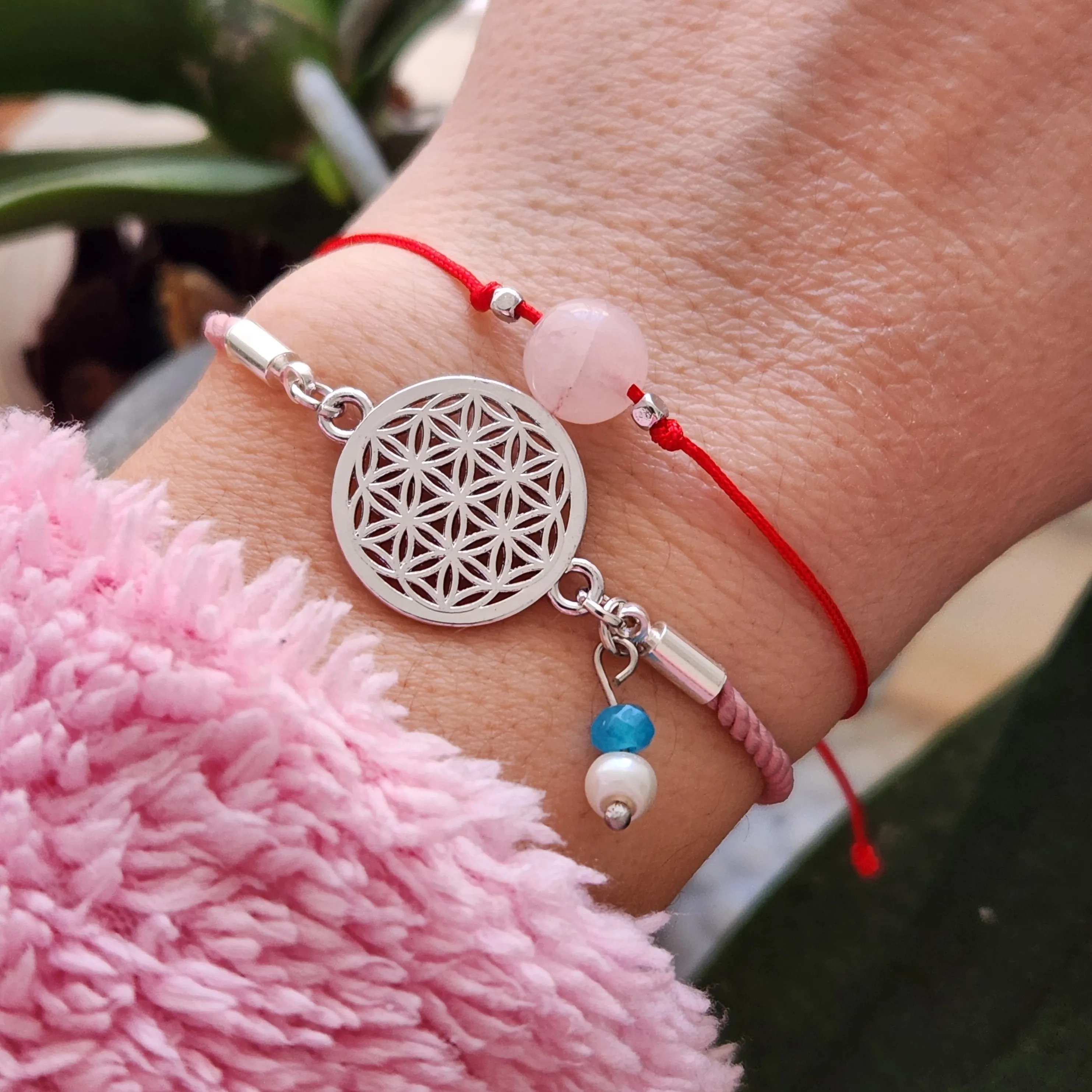 Rose Quartz and Flower of Life Bracelet Set