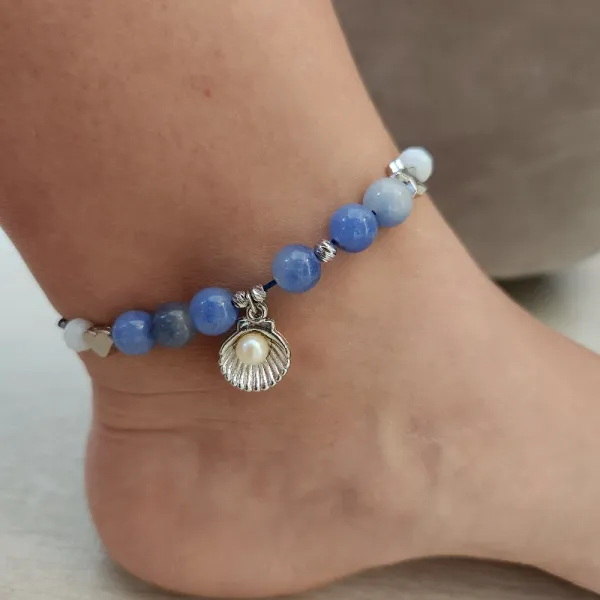 Blue Agate Anklet, Mussel Anklet, Pearl Birthday Gift Anklet
