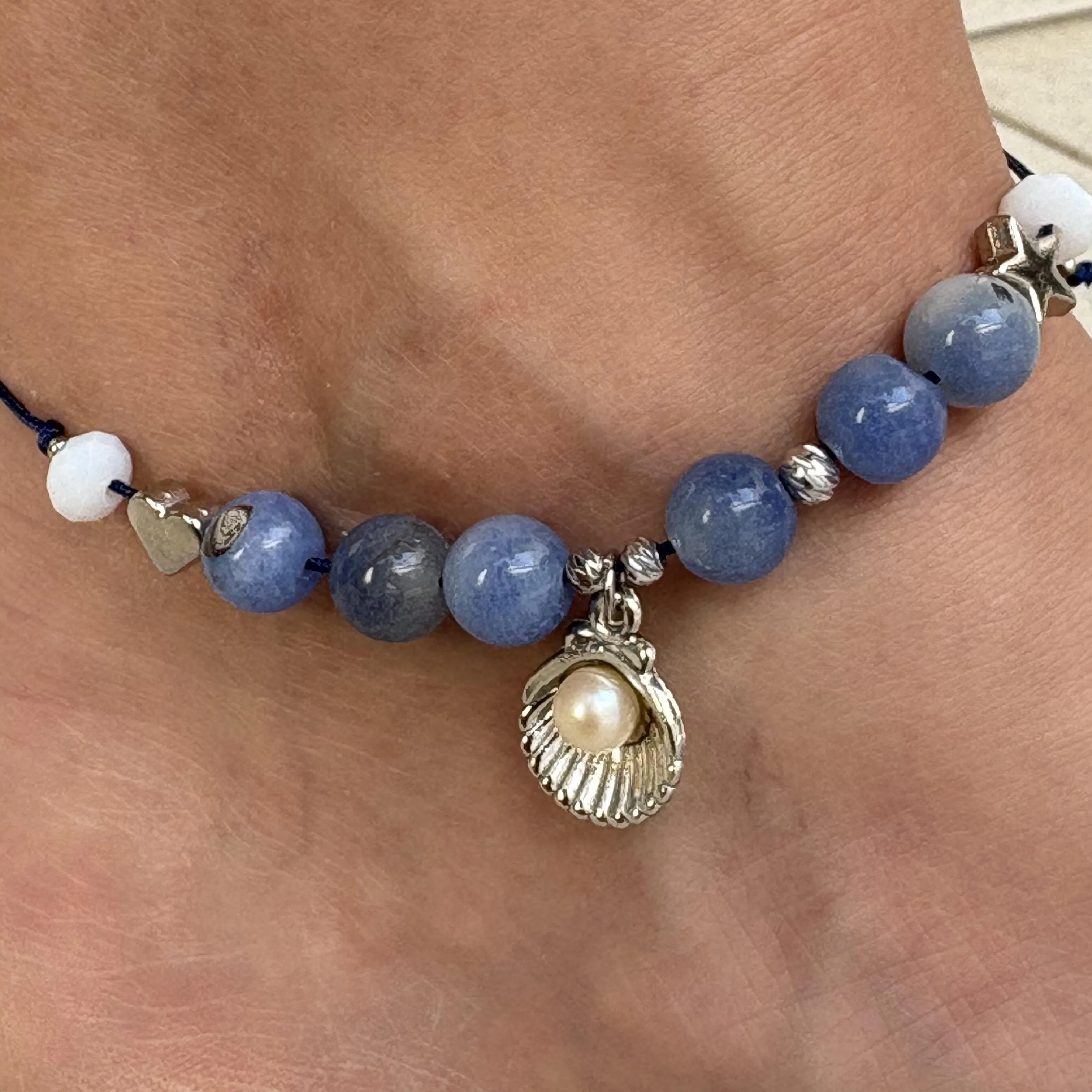 Blue Agate Anklet, Mussel Anklet, Pearl Birthday Gift Anklet