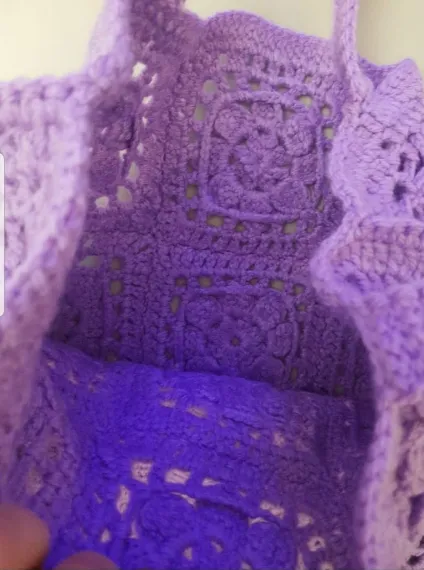 Lilac Colored Hand Knitted Lined Zippered Shoulder Bag – Square Motif