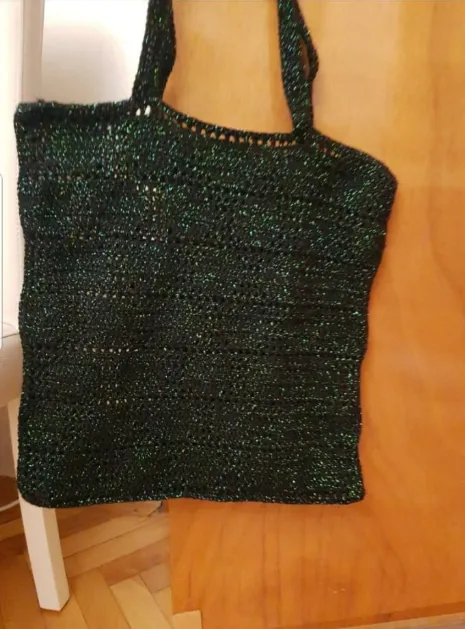 Glittery Black Handmade Knitted Shoulder Bag – Lined, 37×37 cm