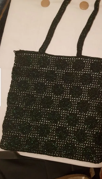Glittery Black Handmade Knitted Shoulder Bag – Lined, 37×37 cm