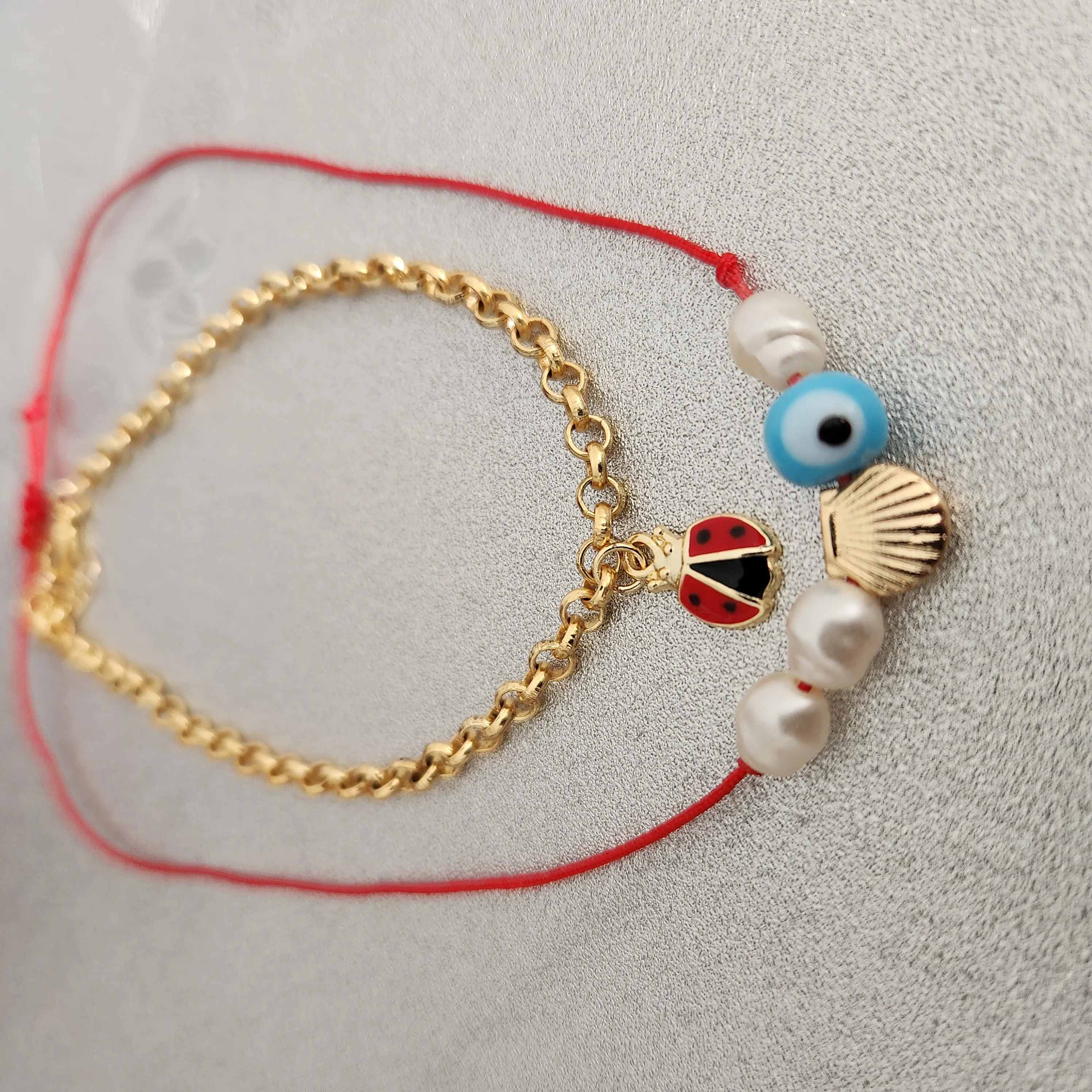 2-Piece Anklet, Gold Chain Ladybug Anklet, Evil Eye Beaded Mussel Anklet