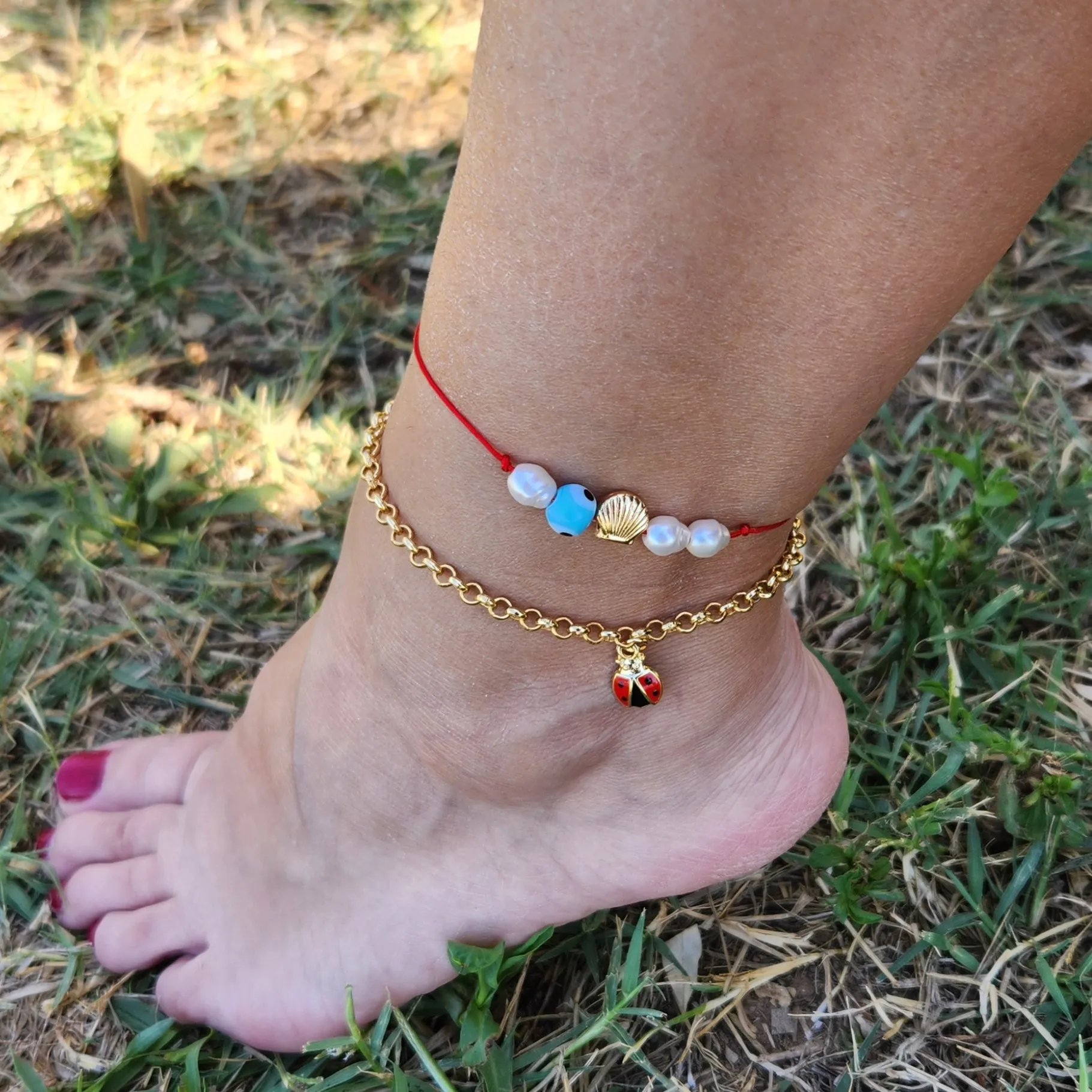 2-Piece Anklet, Gold Chain Ladybug Anklet, Evil Eye Beaded Mussel Anklet