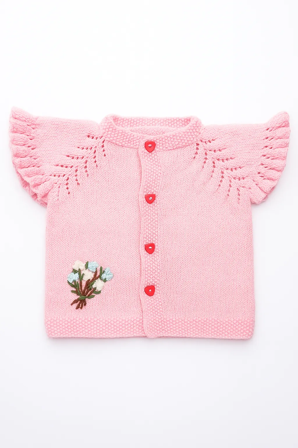 Kanat Kollu Nakış Detaylı Pembe El Örgüsü Bebek Yeleği