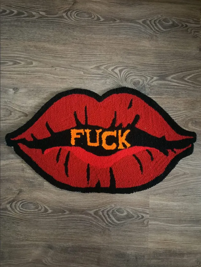 Handmade “FUCK” Designed Red Lip Rug | Bold and Artistic Decor