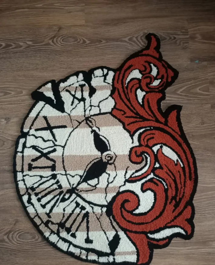 Handmade Baroque Clock Themed Carpet | Decorative Floor Rug