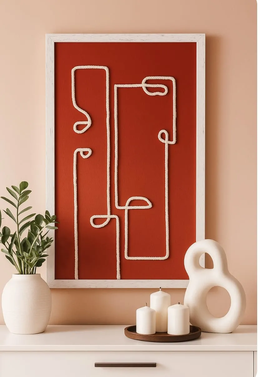 Modern Makrome Sanat Tablosu –Kiremit Kumaş Üzerine El Örgüsü Tablo (86x47 cm)