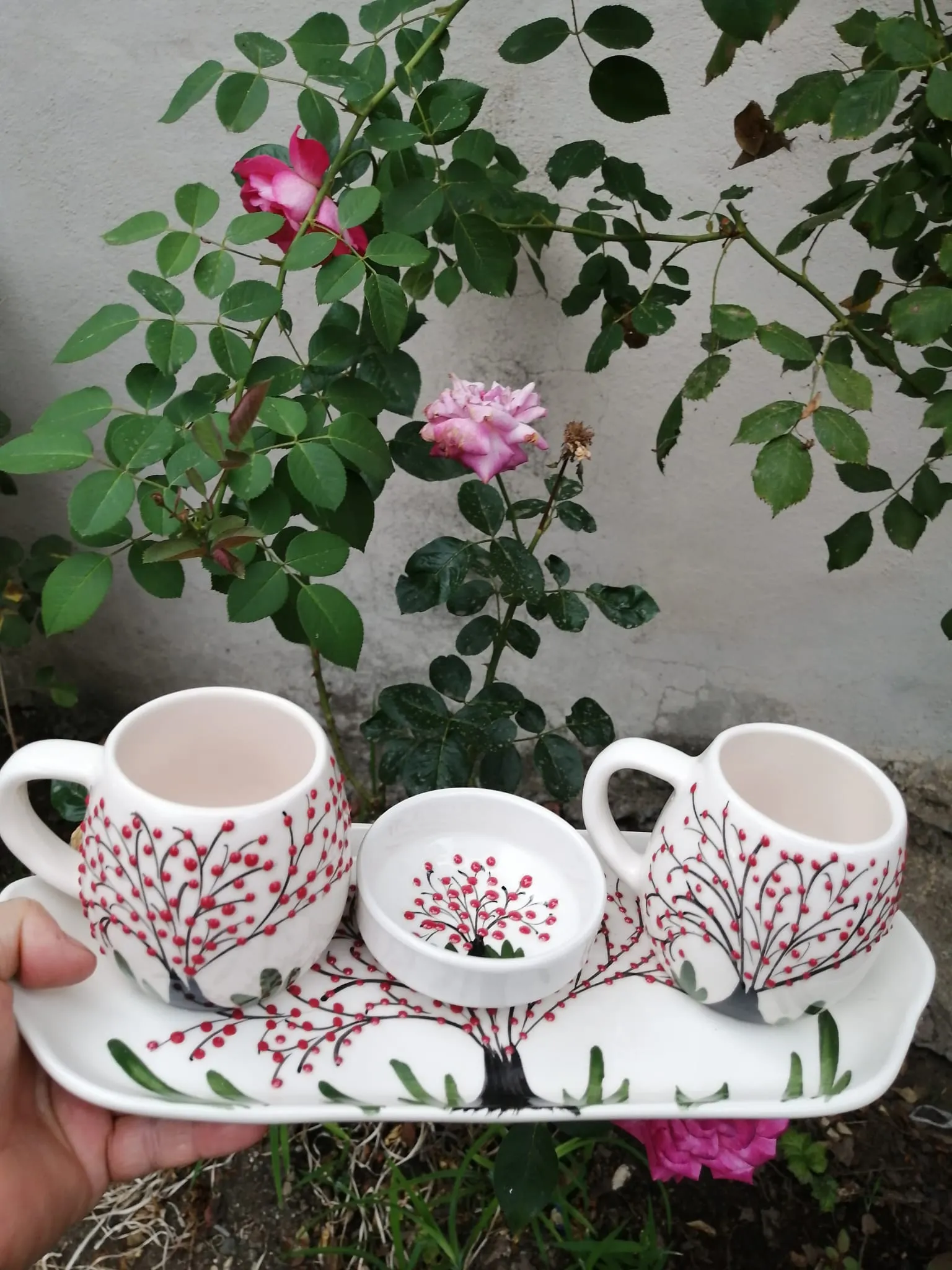 Pomegranate Blossom Branches Triple Coffee Serving Set