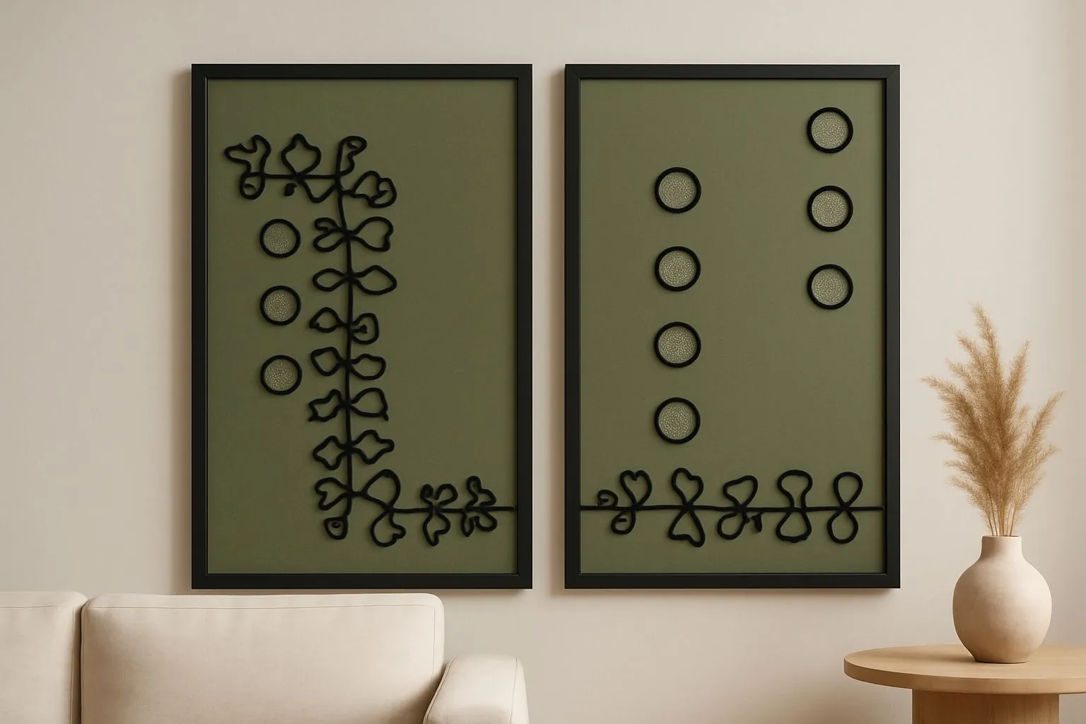 Modern İkili Duvar Tablosu – Siyah Tel Detaylı Yeşil Kumaş Zeminli Tablo