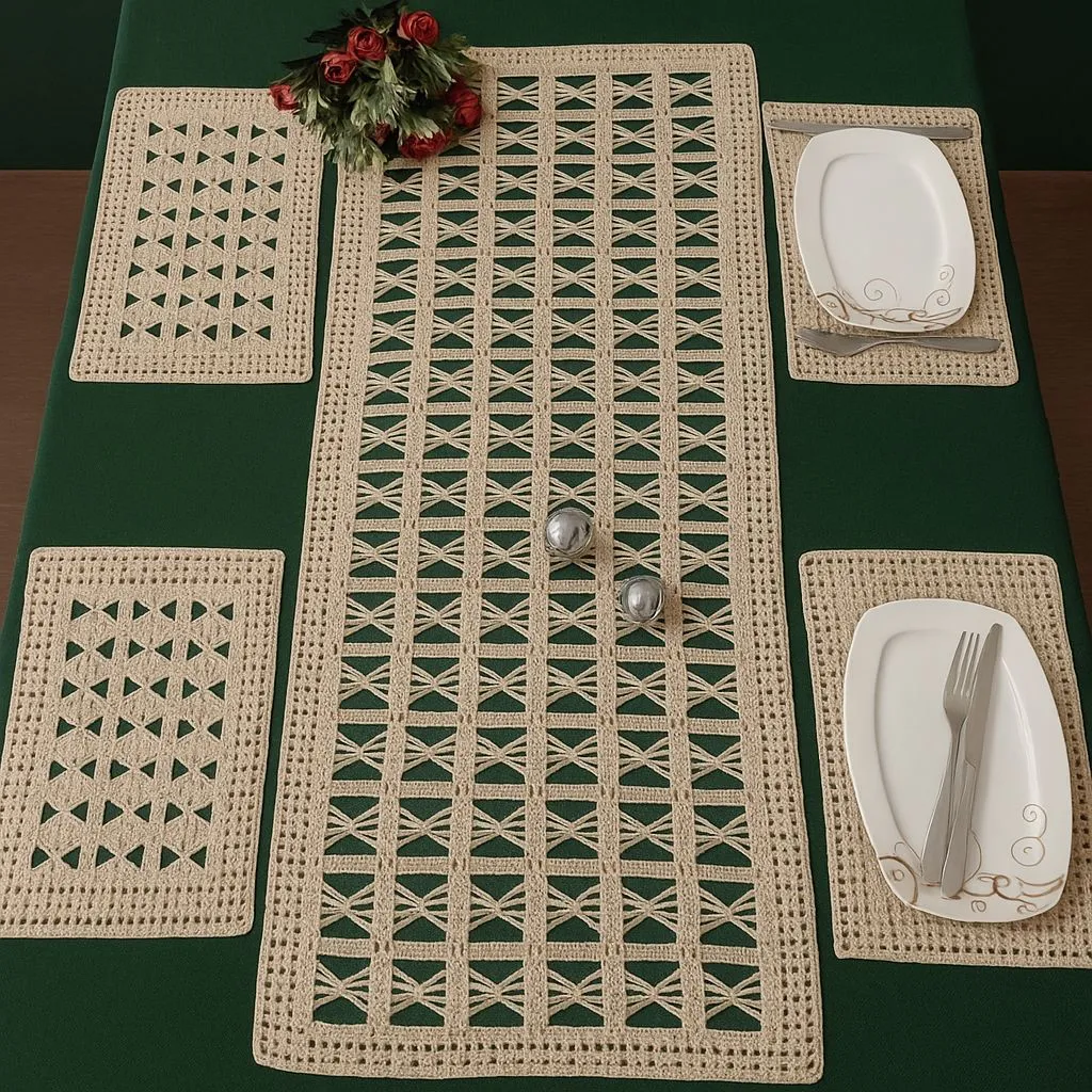 Taş Rengi El Örgüsü Masa Takımı – Bebe Yününden 1 Runner + 4 Kare Supla Seti