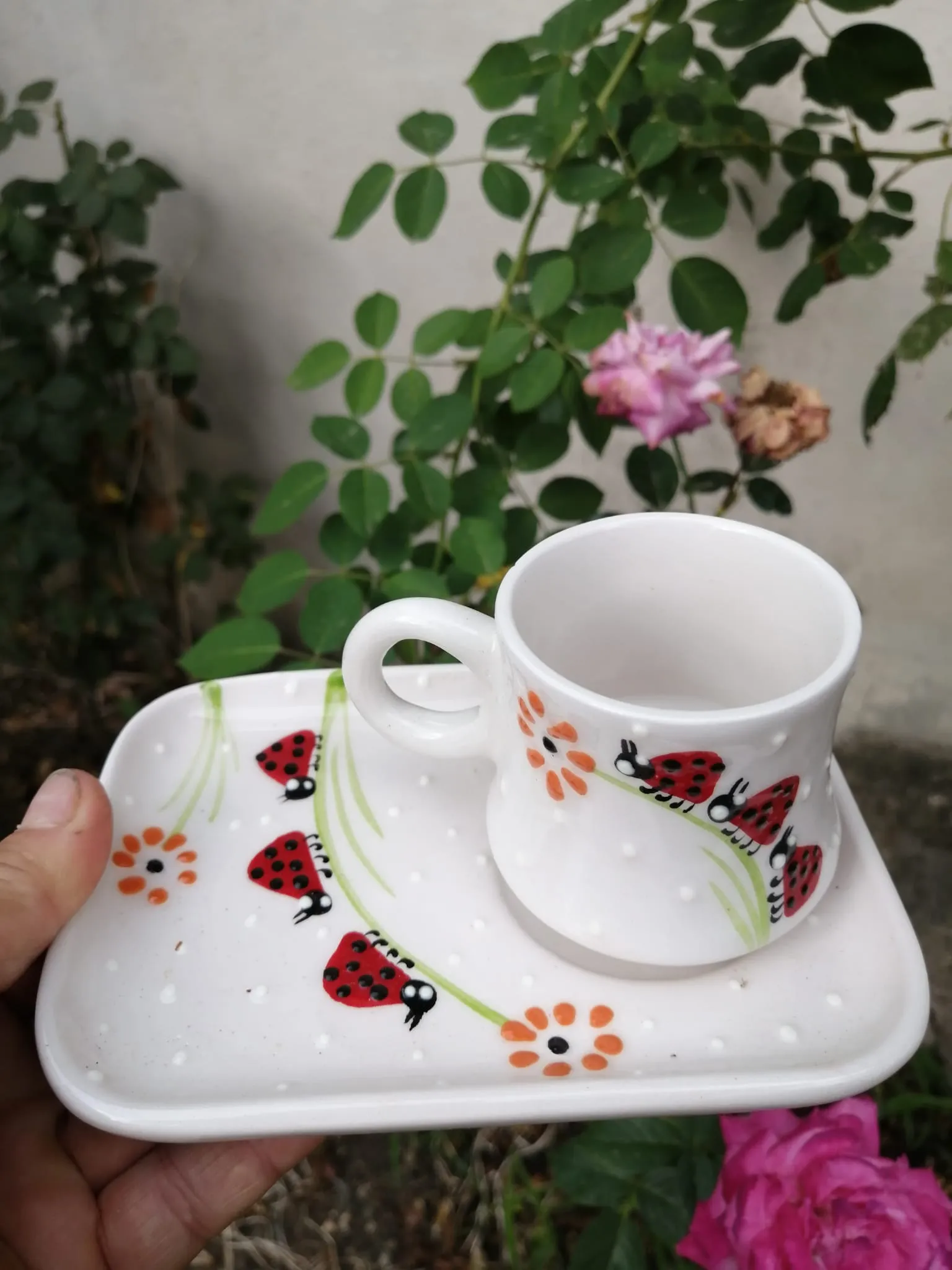Ladybug Breeze: Embossed Hand-Painted Ceramic Mug