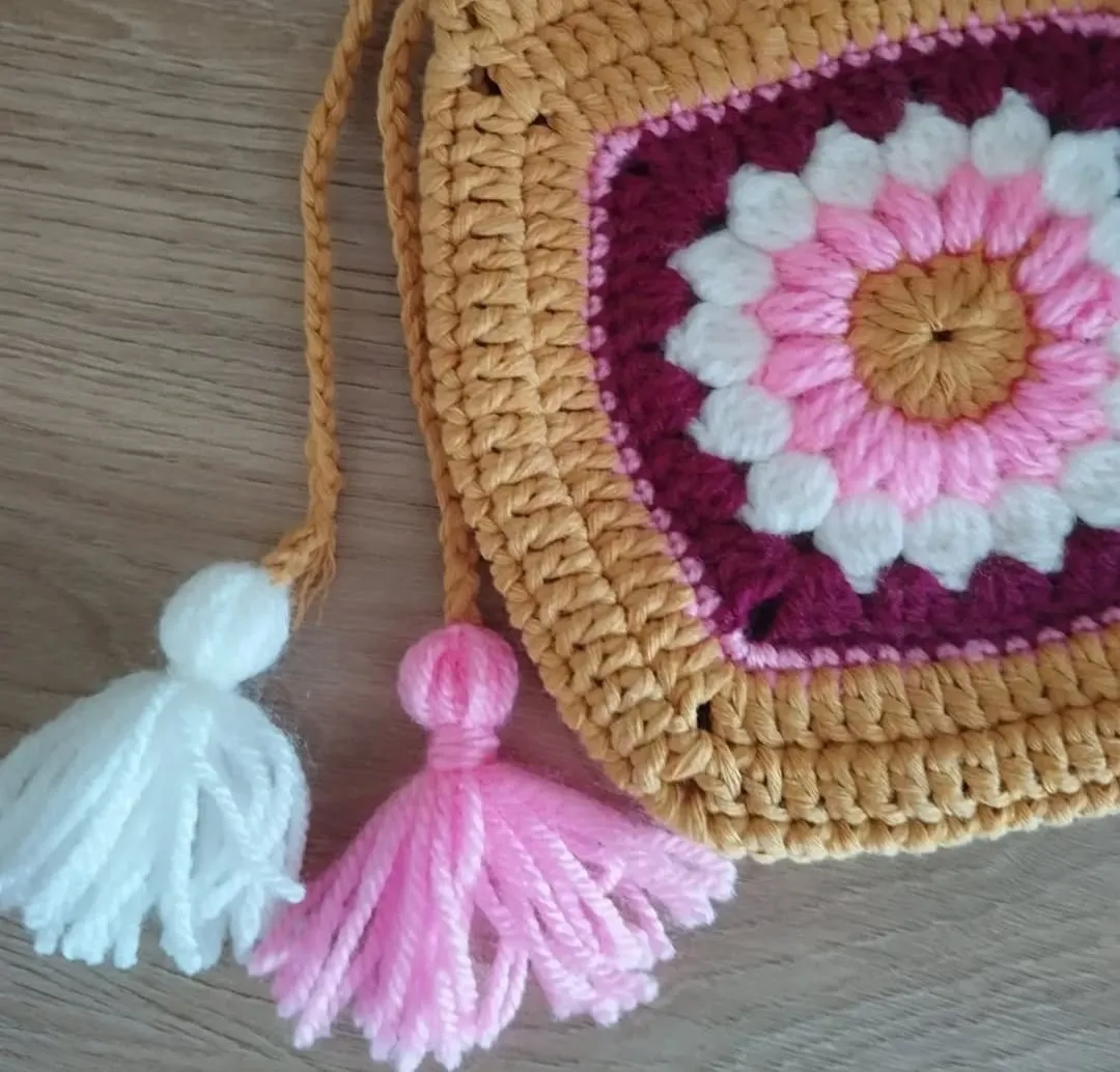 Mandala Patterned Tasseled Mustard Color Hand Knitted Children's Bag
