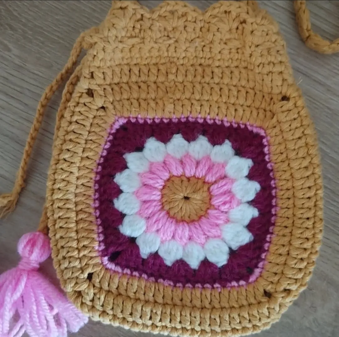 Mandala Patterned Tasseled Mustard Color Hand Knitted Children's Bag