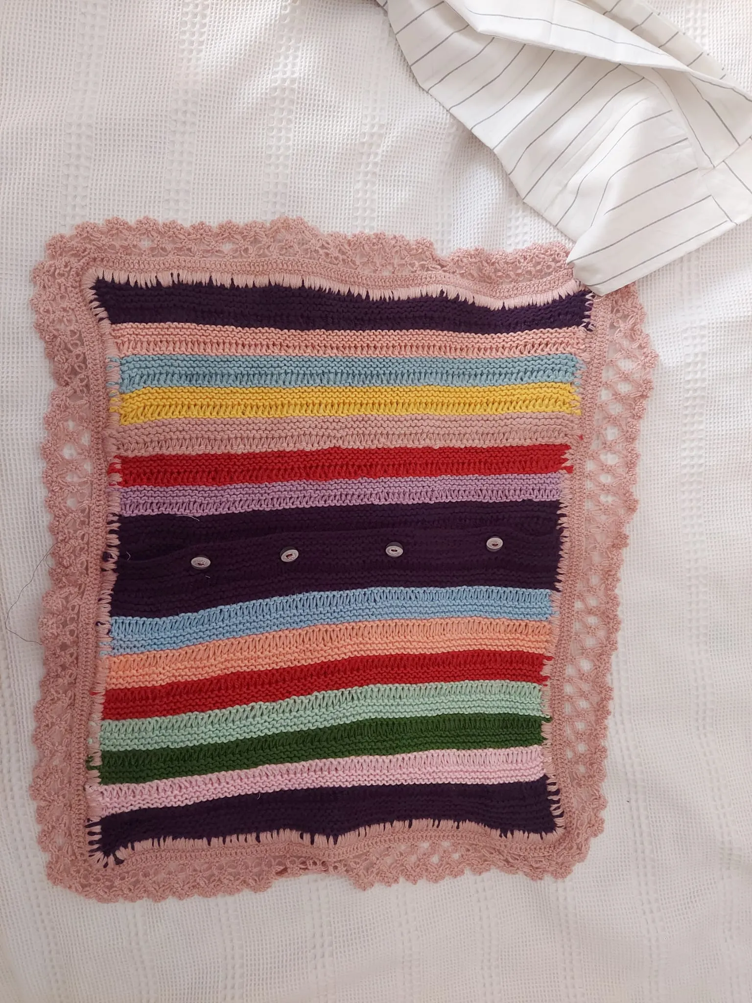 Colorful Hand Knitted Blanket with Powder Lace Edge