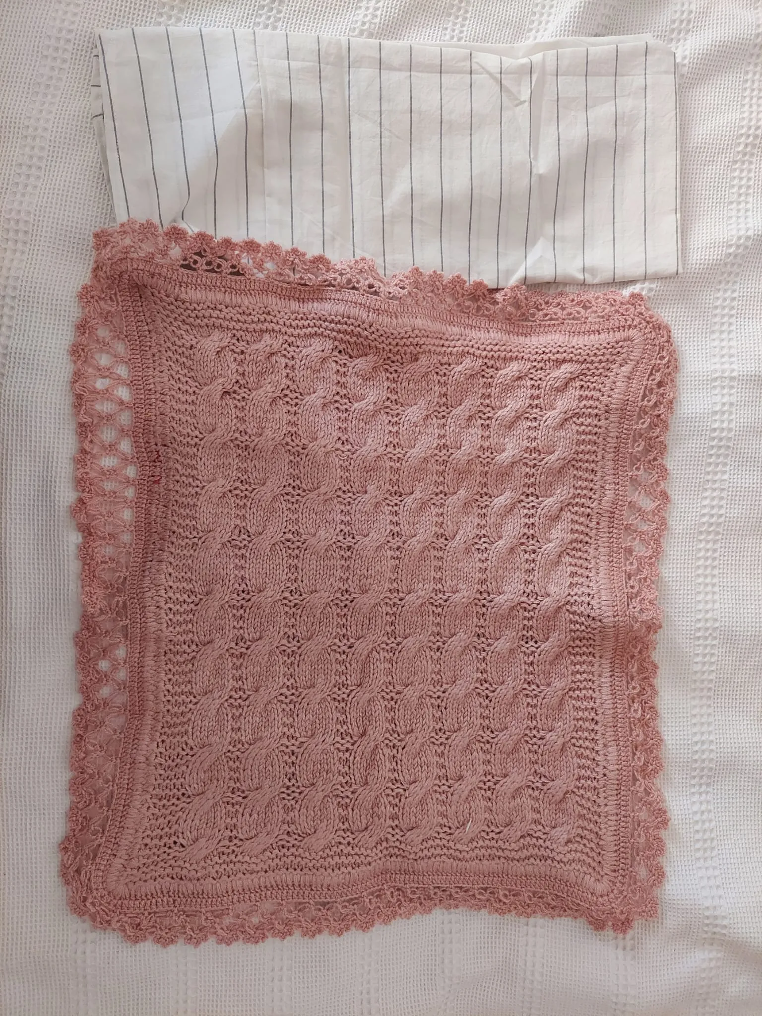 Colorful Hand Knitted Blanket with Powder Lace Edge