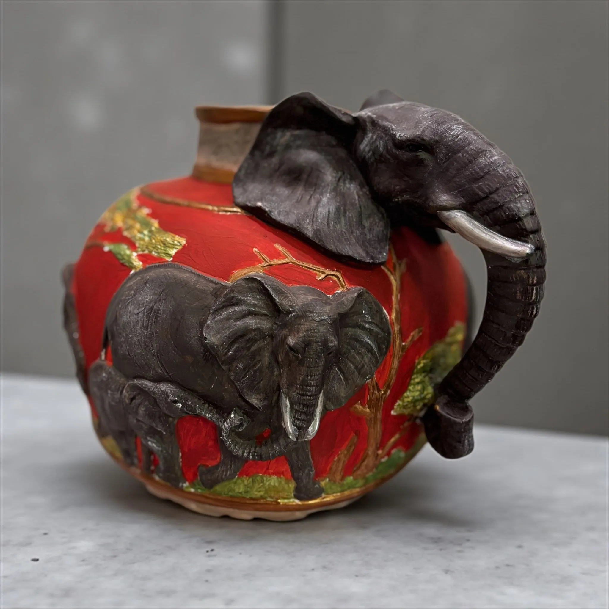 Hand-Painted Red Decorative Vase with Elephant Figure