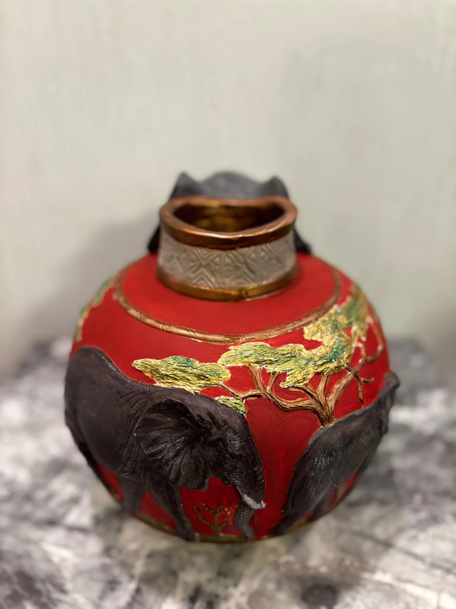Hand-Painted Red Decorative Vase with Elephant Figure