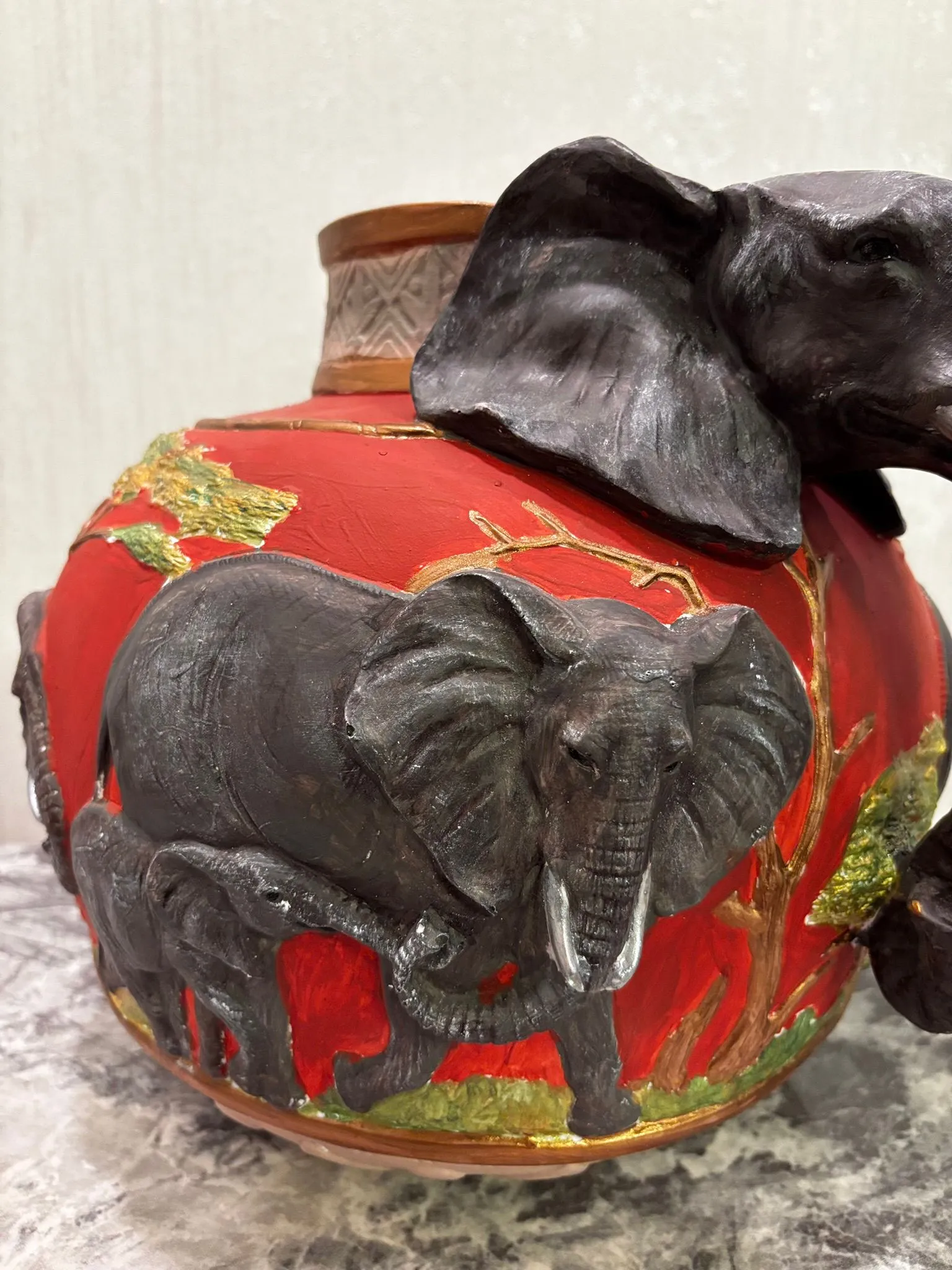 Hand-Painted Red Decorative Vase with Elephant Figure