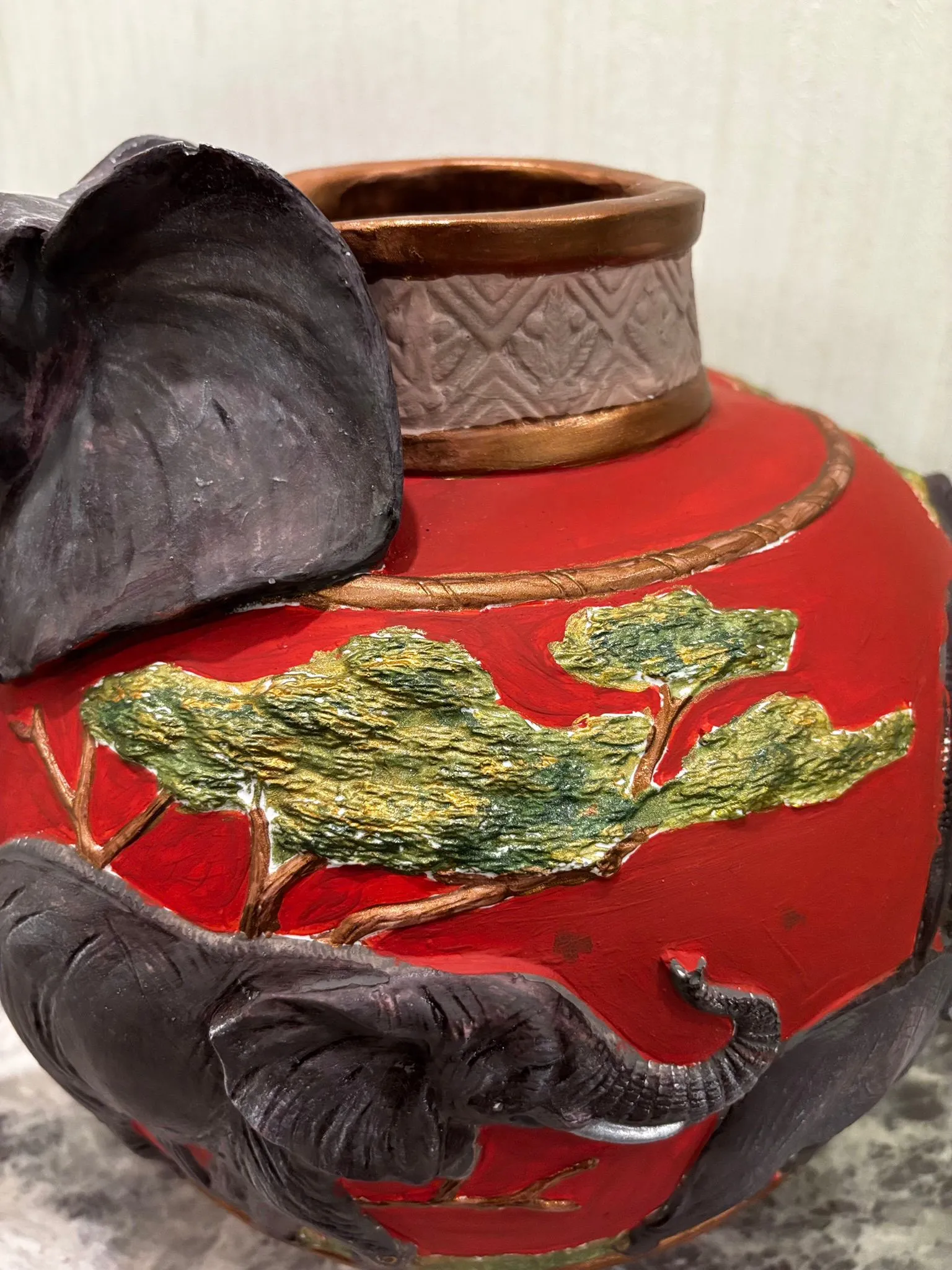 Hand-Painted Red Decorative Vase with Elephant Figure