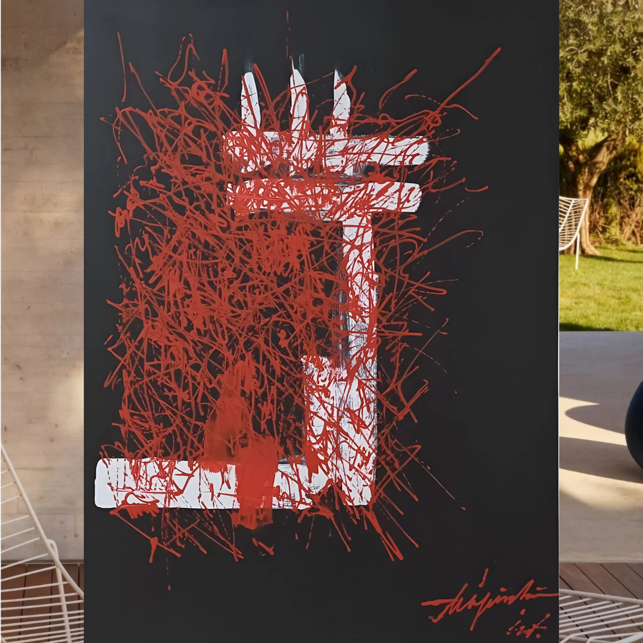 Siyah Zemin Üzerinde Kırmızı Soyut Çizgiler Tablo