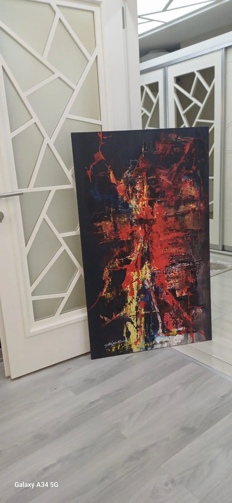 Kırmızı ve Sarının Dansı Dokulu Soyut Tablo