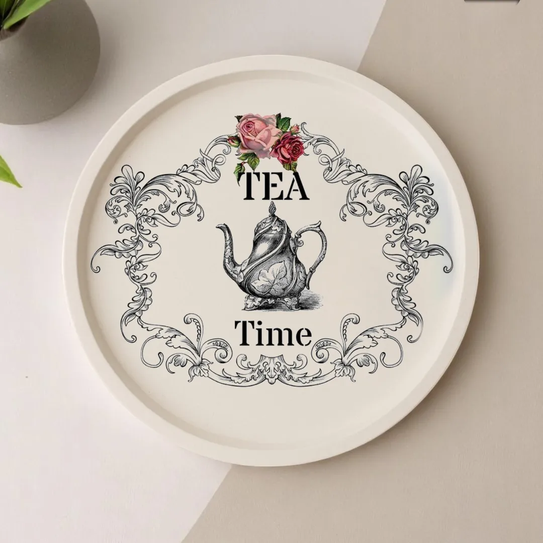 Tea Time Tasarımlı Yuvarlak Sunum Tepsisi