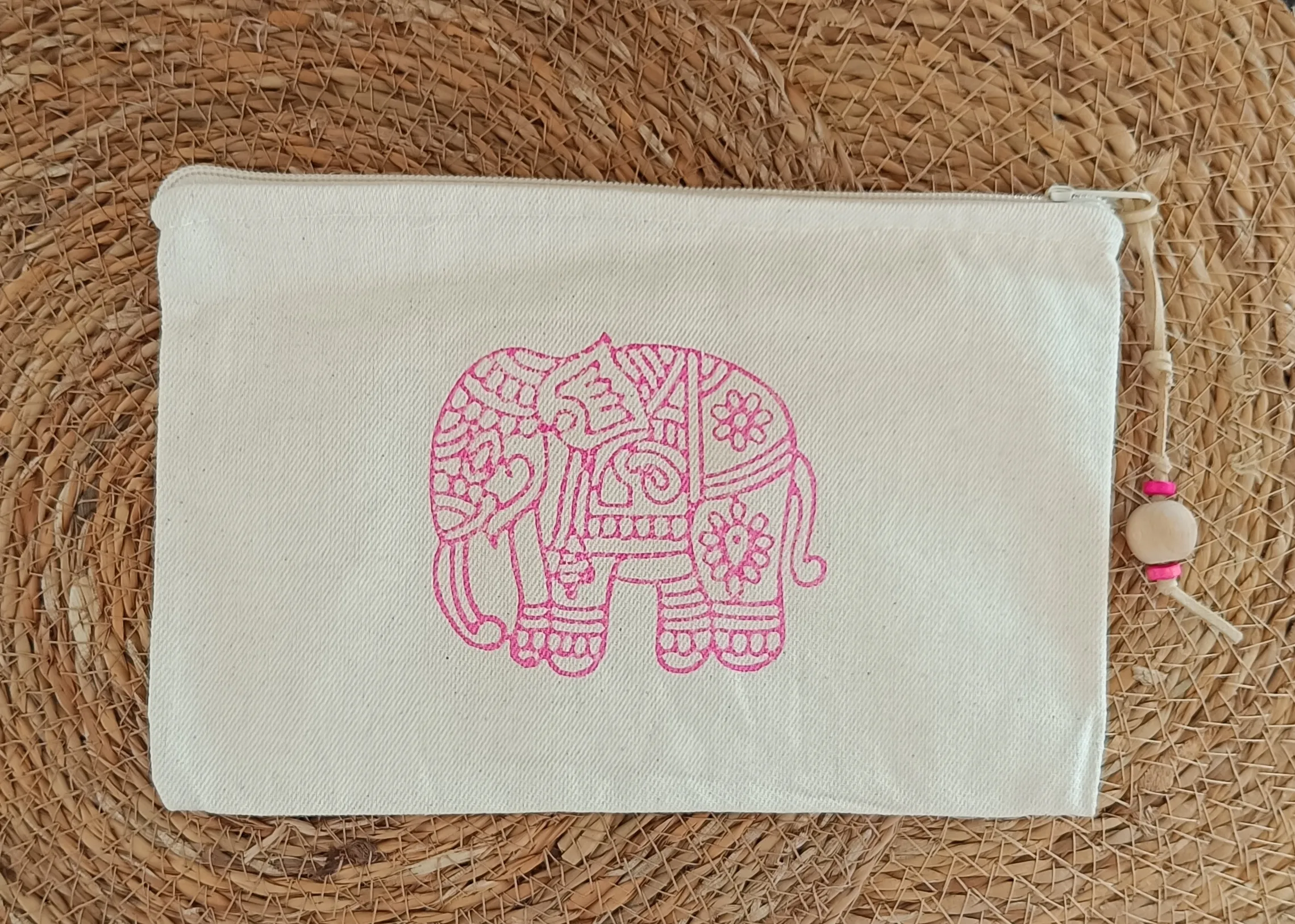 Pembe Fil Ahşap Baskı  El Çantası