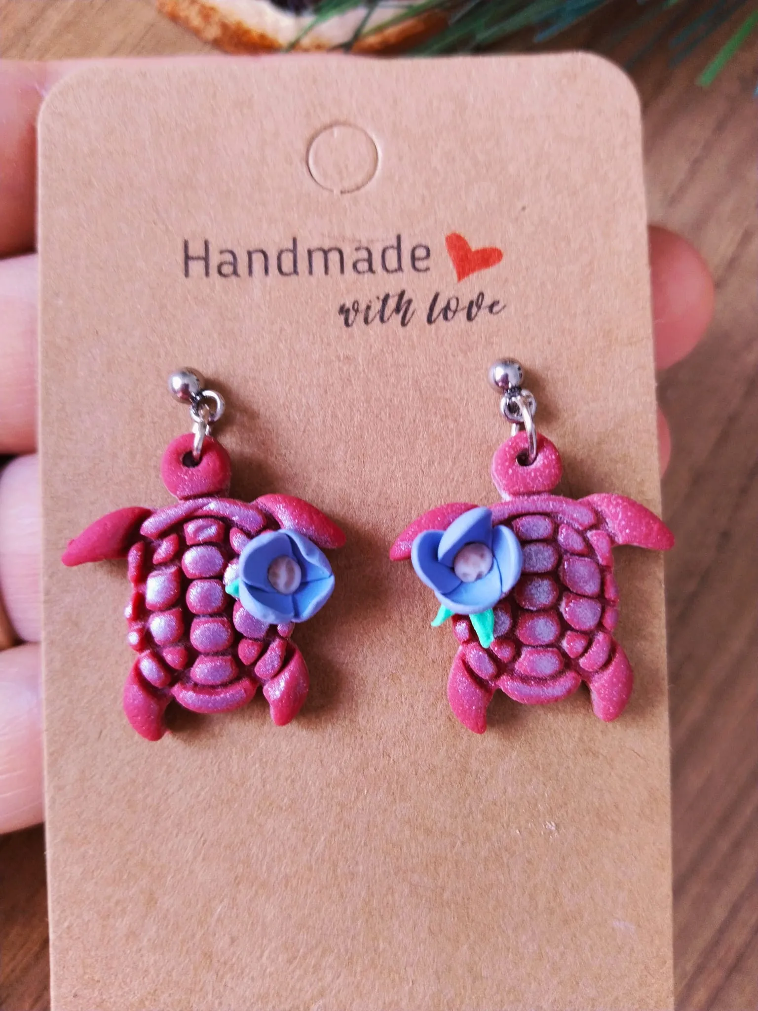 Kaplumbağa Çiçekli Polimer Kil Küpe Sallantılı (Rose)