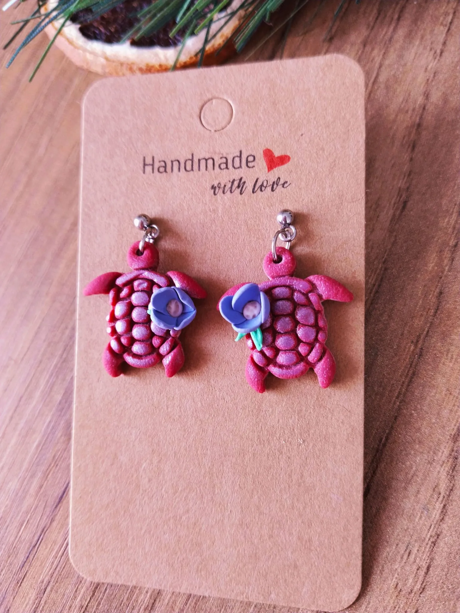 Kaplumbağa Çiçekli Polimer Kil Küpe Sallantılı (Rose)