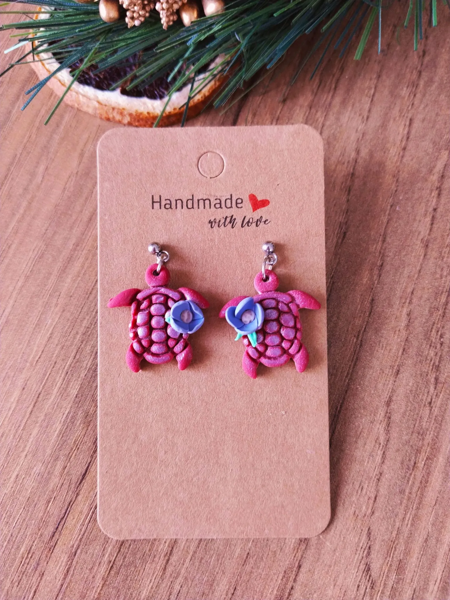 Kaplumbağa Çiçekli Polimer Kil Küpe Sallantılı (Rose)